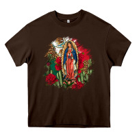 Chocolate Brown Our Lady Of Guadalupe Mexican Flag Cactus Roses Heavy Core Tee - FaDigitalArtStudio