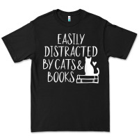 Black easily distracted by cats and books   cute book lover t shirt Premium Tee - linhVisuals