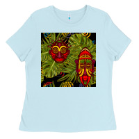 Baby Blue african masks and monstera leaf seamless pattern Ladies Tee - BundleAndBundleShop