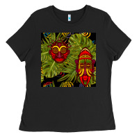 Black african masks and monstera leaf seamless pattern Ladies Tee - BundleAndBundleShop