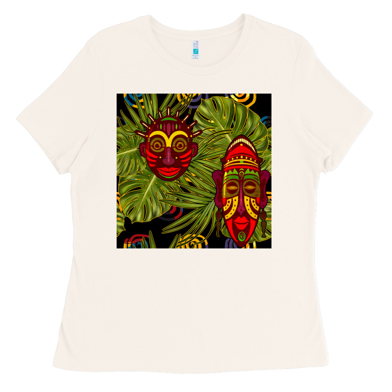 African Masks And Monstera Leaf Seamless Pattern Ladies Tee by BundleAndBundleShop | Teevron