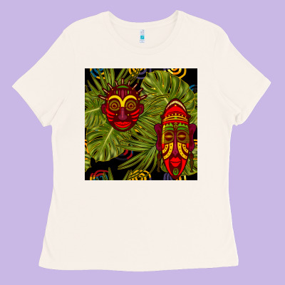 African Masks And Monstera Leaf Seamless Pattern Ladies Tee Designed By Bundleandbundleshop