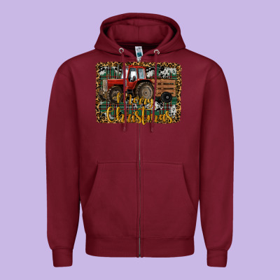 Merry Christmas Farm Tractor Zipper Hoodie Designed By Ranaportraitstore
