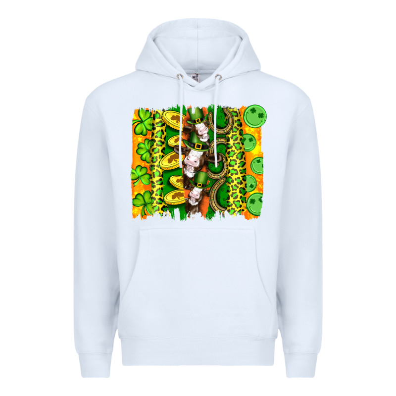 St Patricks Cow And Coin Wıth Clovers And Leopard Brushstrokes Premium Hoodie by Artiststas | Teevron