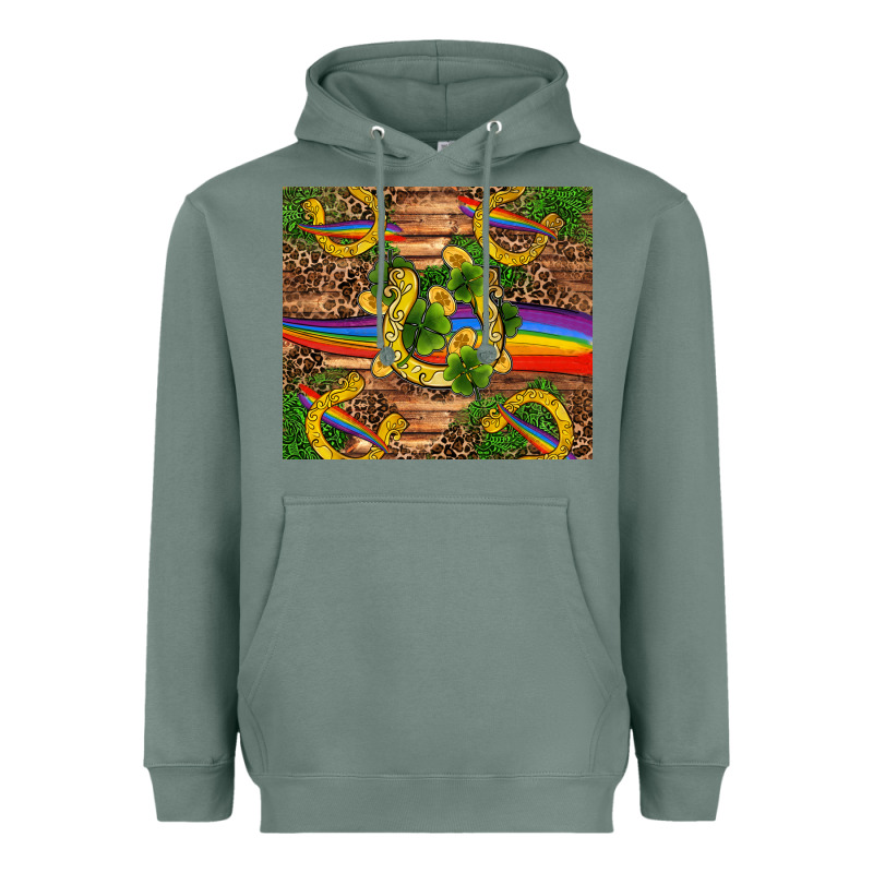 St Patricks Day Horseshoe Shamrock Rainbow Gold Heavyweight Hoodie by RanaPortraitStore | Teevron