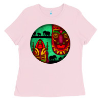 Bubblegum Pink african masks round earrings 3 Ladies Tee - BundleAndBundleShop