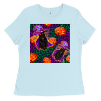 Baby Blue witchy cat and pumpkins seamless paternal Ladies Tee - BundleAndBundleShop
