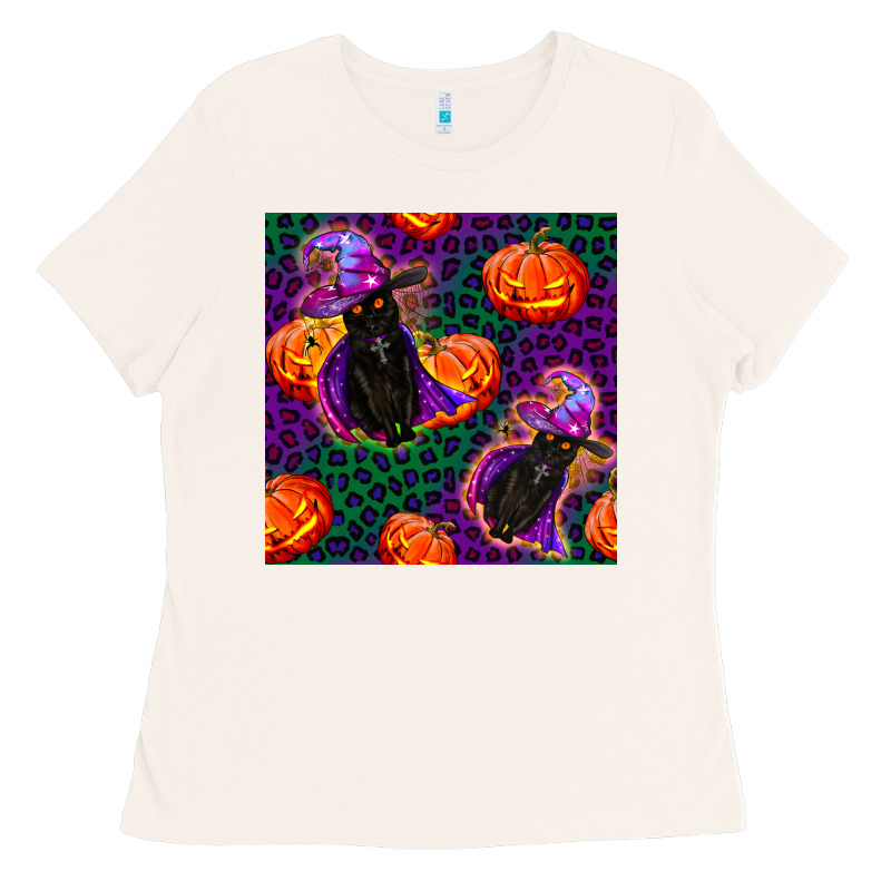 Witchy Cat And Pumpkins Seamless Paternal Ladies Tee by BundleAndBundleShop | Teevron