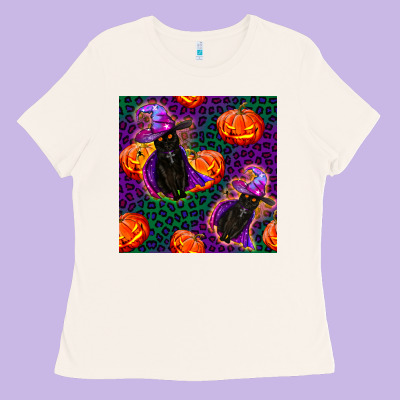 Witchy Cat And Pumpkins Seamless Paternal Ladies Tee Designed By Bundleandbundleshop