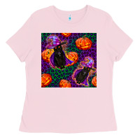 Bubblegum Pink witchy cat and pumpkins seamless paternal Ladies Tee - BundleAndBundleShop