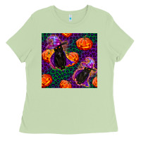 Matcha witchy cat and pumpkins seamless paternal Ladies Tee - BundleAndBundleShop