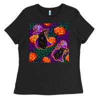 Black witchy cat and pumpkins seamless paternal Ladies Tee - BundleAndBundleShop