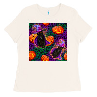 Bone witchy cat and pumpkins seamless paternal Ladies Tee - BundleAndBundleShop