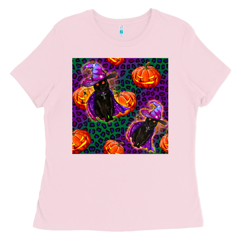 Witchy Cat And Pumpkins Seamless Paternal Ladies Tee by BundleAndBundleShop | Teevron