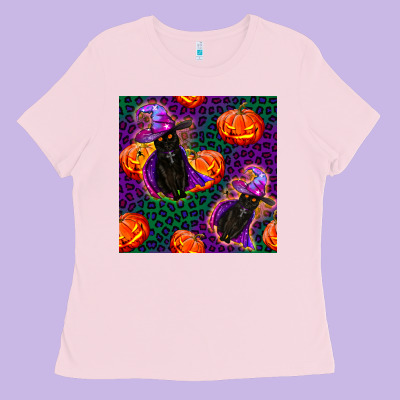 Witchy Cat And Pumpkins Seamless Paternal Ladies Tee Designed By Bundleandbundleshop