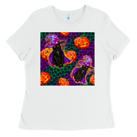 White witchy cat and pumpkins seamless paternal Ladies Tee - BundleAndBundleShop