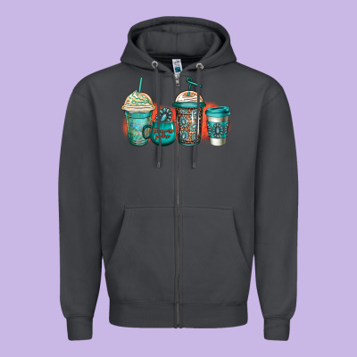 Turquoise Junkie Coffee Cups Zipper Hoodie Designed By Jasminsmagicworld