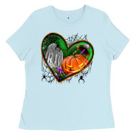 Baby Blue halloween heart with pumpkin Ladies Tee - BundleAndBundleShop