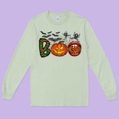 Boo Halloween Long Sleeve Tee Designed By Cowhidedigitalart