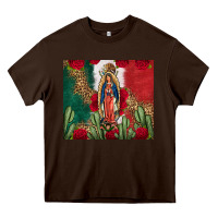 Chocolate Brown Our Lady Of Guadalupe Mexican Flag Roses Cactus Heavy Core Tee - FaDigitalArtStudio