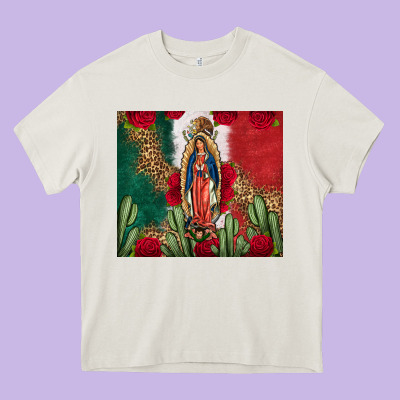Our Lady Of Guadalupe Mexican Flag Roses Cactus Heavy Core Tee Designed By Fadigitalartstudio