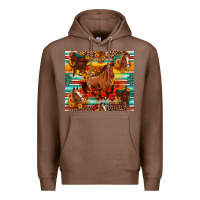 Chestnut galloping horse serape sunflowers turquoise and saddles Premium Hoodie - Artiststas