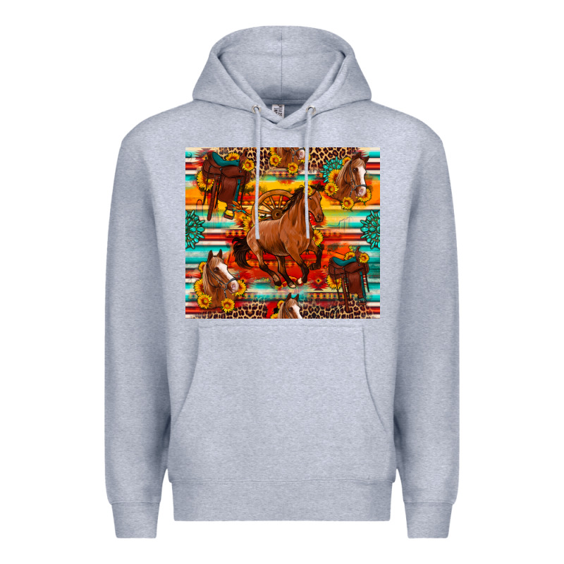 Galloping Horse Serape Sunflowers Turquoise And Saddles Premium Hoodie by Artiststas | Teevron