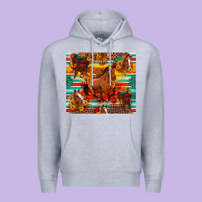 Galloping Horse Serape Sunflowers Turquoise And Saddles Premium Hoodie Designed By Artiststas