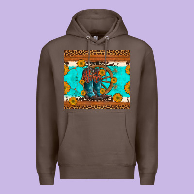 Cowboy Boots And Sunflowers Turquoise Leopard Background Premium Hoodie Designed By Artiststas