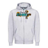 Heather Grey She Is Strong Western Cross Zipper Hoodie - RanaPortraitStore