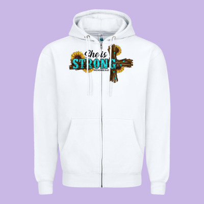 She Is Strong Western Cross Zipper Hoodie Designed By Ranaportraitstore