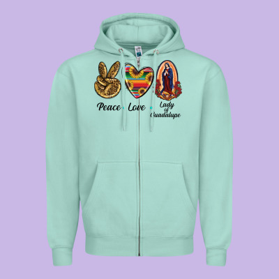 Peace Love Lady Of Guadalupe Zipper Hoodie Designed By Ranaportraitstore