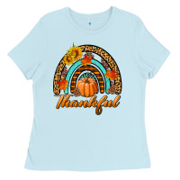 Baby Blue thankful pumpkin rainbow Ladies Tee - BundleAndBundleShop