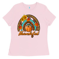 Bubblegum Pink thankful pumpkin rainbow Ladies Tee - BundleAndBundleShop