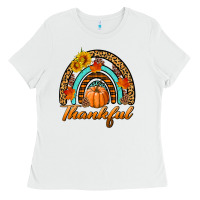 White thankful pumpkin rainbow Ladies Tee - BundleAndBundleShop