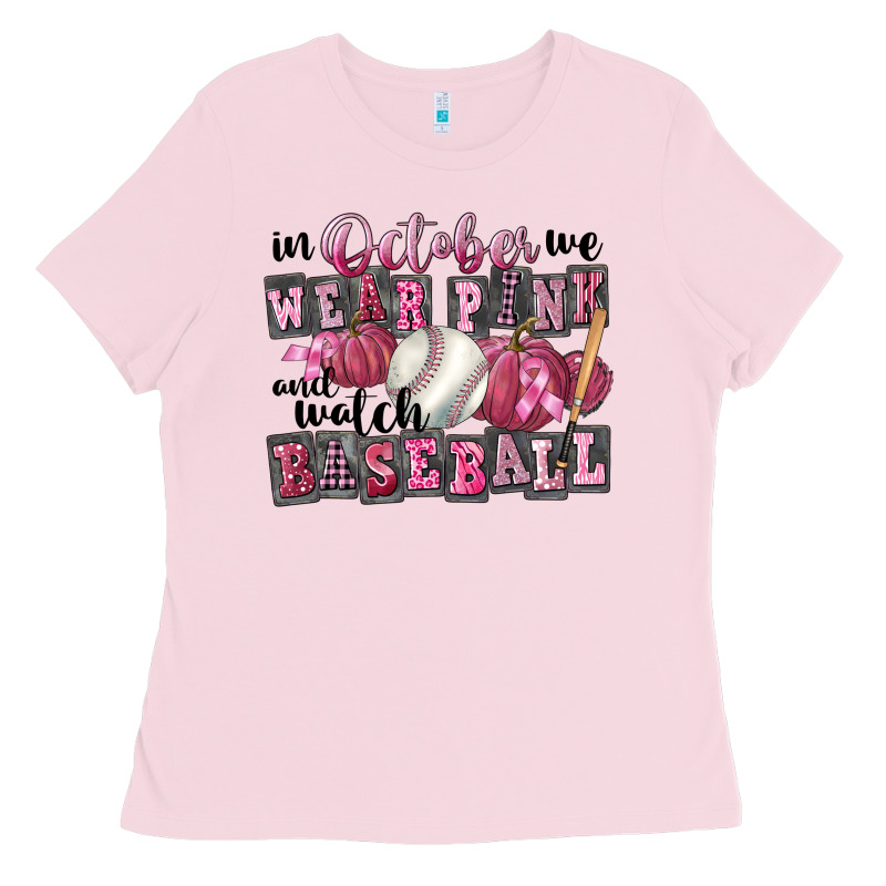 In October We Wear Pink And Watch  Baseball Ladies Tee by FaDigitalArtStudio | Teevron