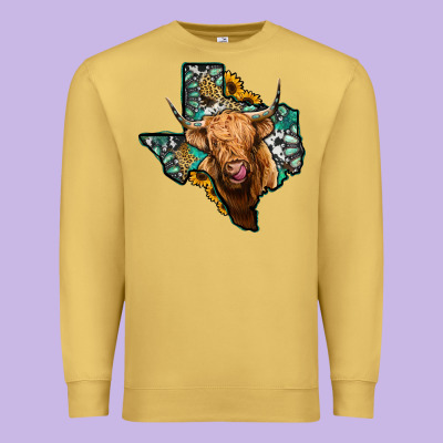 Texas Map Highland Cow Premium Sweatshirt Designed By Jasminsmagicworld