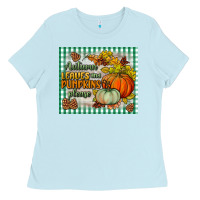 Baby Blue autumn leaves and pumpkins please mouse pad Ladies Tee - BundleAndBundleShop