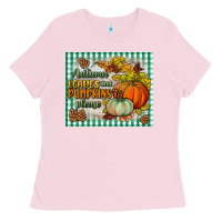 Bubblegum Pink autumn leaves and pumpkins please mouse pad Ladies Tee - BundleAndBundleShop