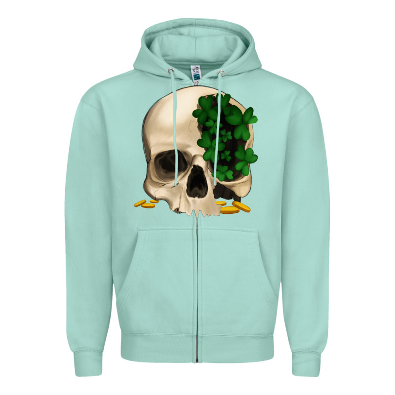 St Patrick's Day Skull With Clovers Zipper Hoodie by Jasminsmagicworld | Teevron