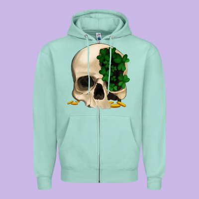 St Patrick's Day Skull With Clovers Zipper Hoodie Designed By Jasminsmagicworld