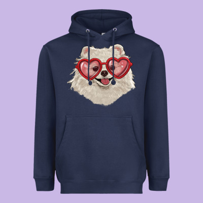 White Pomeranian With Love Glasses Heavyweight Hoodie Designed By Ranaportraitstore