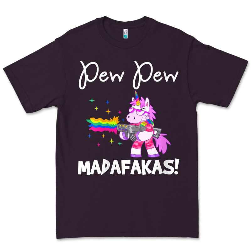 Womens Pew Madafakas Funny Fantasy Unicorn With Rainbow Gun   White V Premium Tee by linhVisuals | Teevron