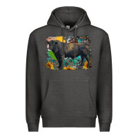 Charcoal Heather black angus bull with aztec and farm background Premium Hoodie - RanaPortraitStore