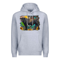 Heather Grey black angus bull with aztec and farm background Premium Hoodie - RanaPortraitStore