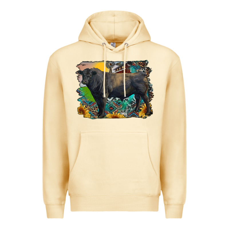 Black Angus Bull With Aztec And Farm Background Premium Hoodie by RanaPortraitStore | Teevron