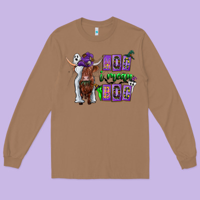 Moo I Mean Boo Long Sleeve Tee Designed By Cowhidedigitalart