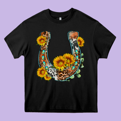 Western Leopard Cowhide Sunflowers Horseshoe Heavy Core Tee Designed By Oliviacreatesart