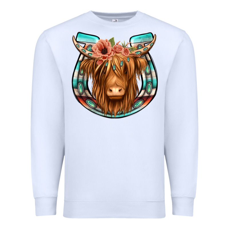 Highland Cow Serape Floral Headband Horseshoe Premium Sweatshirt by Jasminsmagicworld | Teevron