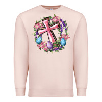 Pale Pink Cross With Floral Wreath And Easter Eggs Premium Sweatshirt - RanaPortraitStore